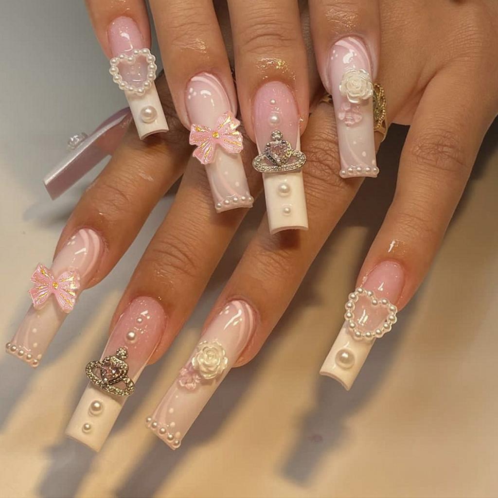 24pcs Long Press On Nails with Bow and 3D Embellishments Nail Tips Set for Full Coverage Artificial Nails with Adhesive Tabs Included