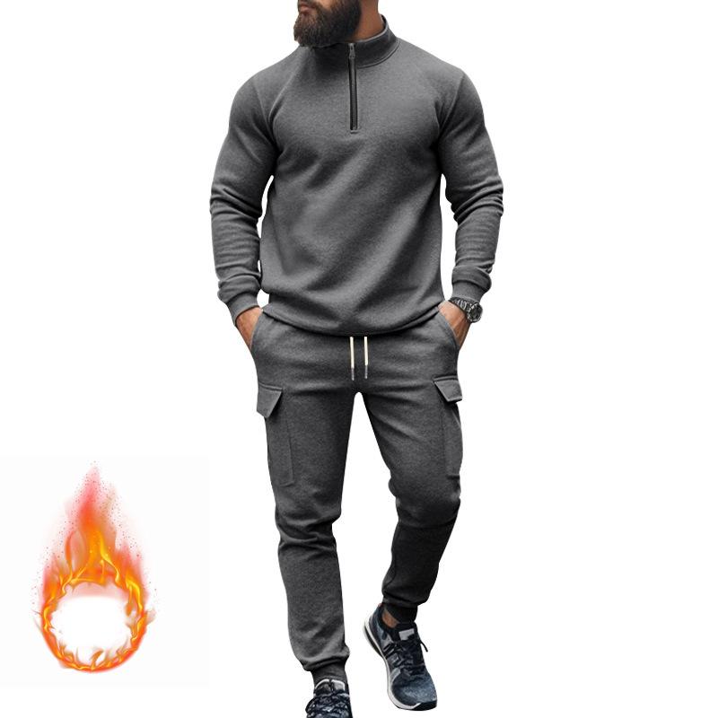Autumn and Winter Men's New American Men's Casual Velvet Thermal Zipper Men's Sports Trousers Set