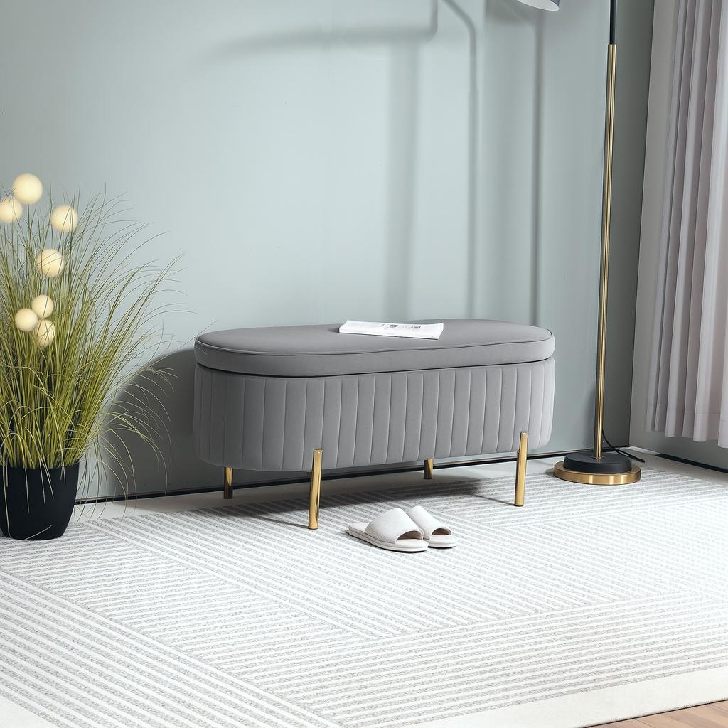 Bench with Flip-Top Lid and Storage Space, Fabric Cover, Wood, Metal, Grey+Gold-colored