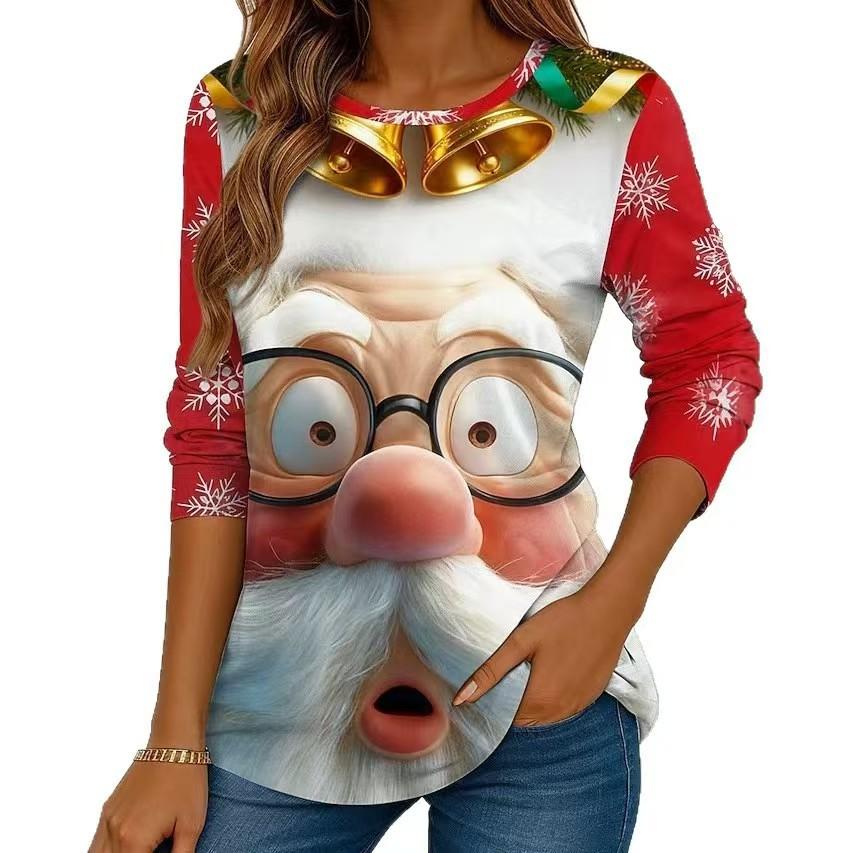 Autumn and Winter Ladies 3D Printed Crew Neck Long Sleeve T-Shirt Santa Claus
