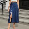 Women's Elastic Waist Denim Midi Skirt Button Front Split Cargo Pocket Streetwear Long Denim Skirt