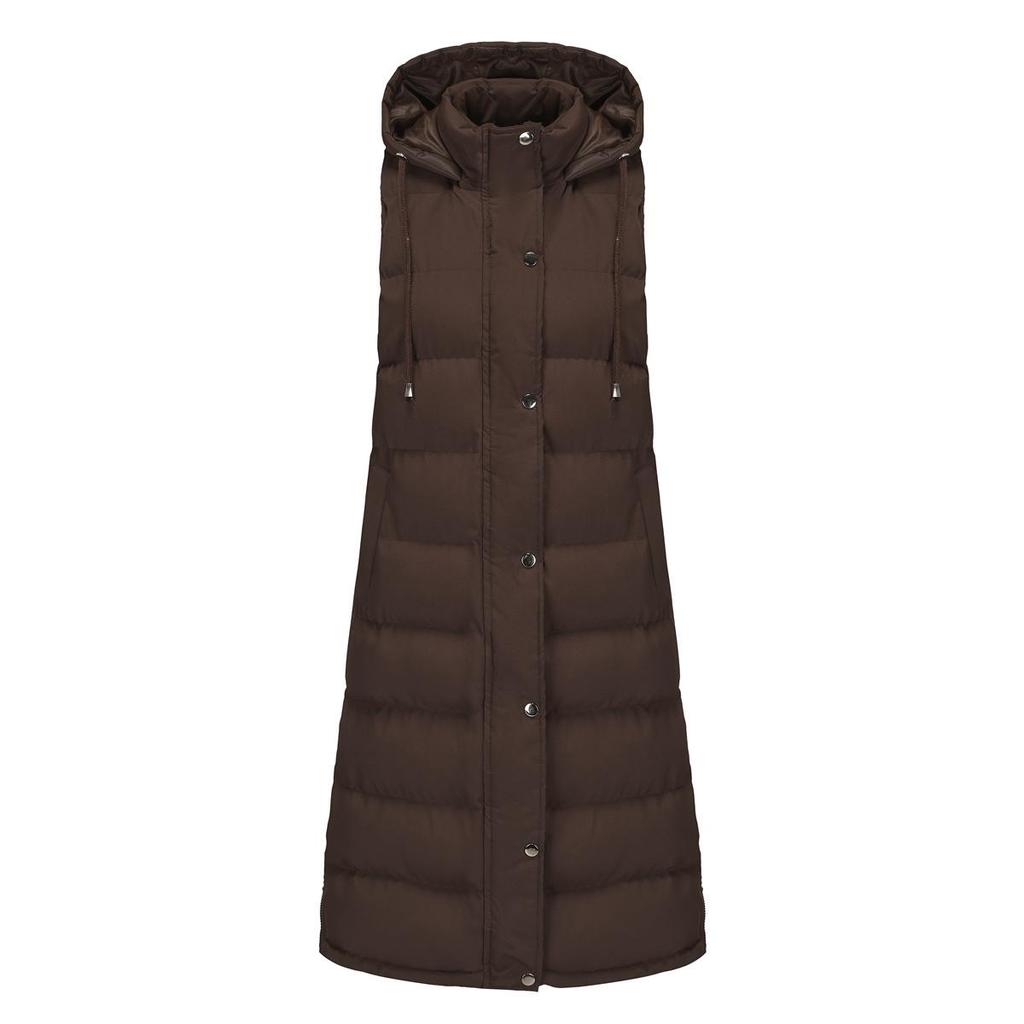 Women’s Coats Hooded Sleeves Long Style Solid Color Vest Quilted Jacket Autumn Winter Thick Warm Outer Wear