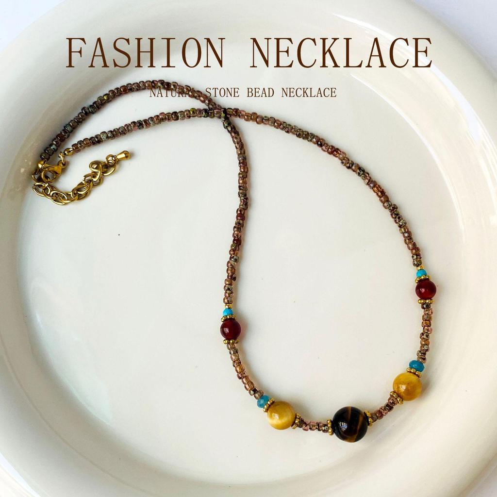 Qiuye Ethnic Turquoise & Tiger Eye Beaded Bracelet Necklace for Women