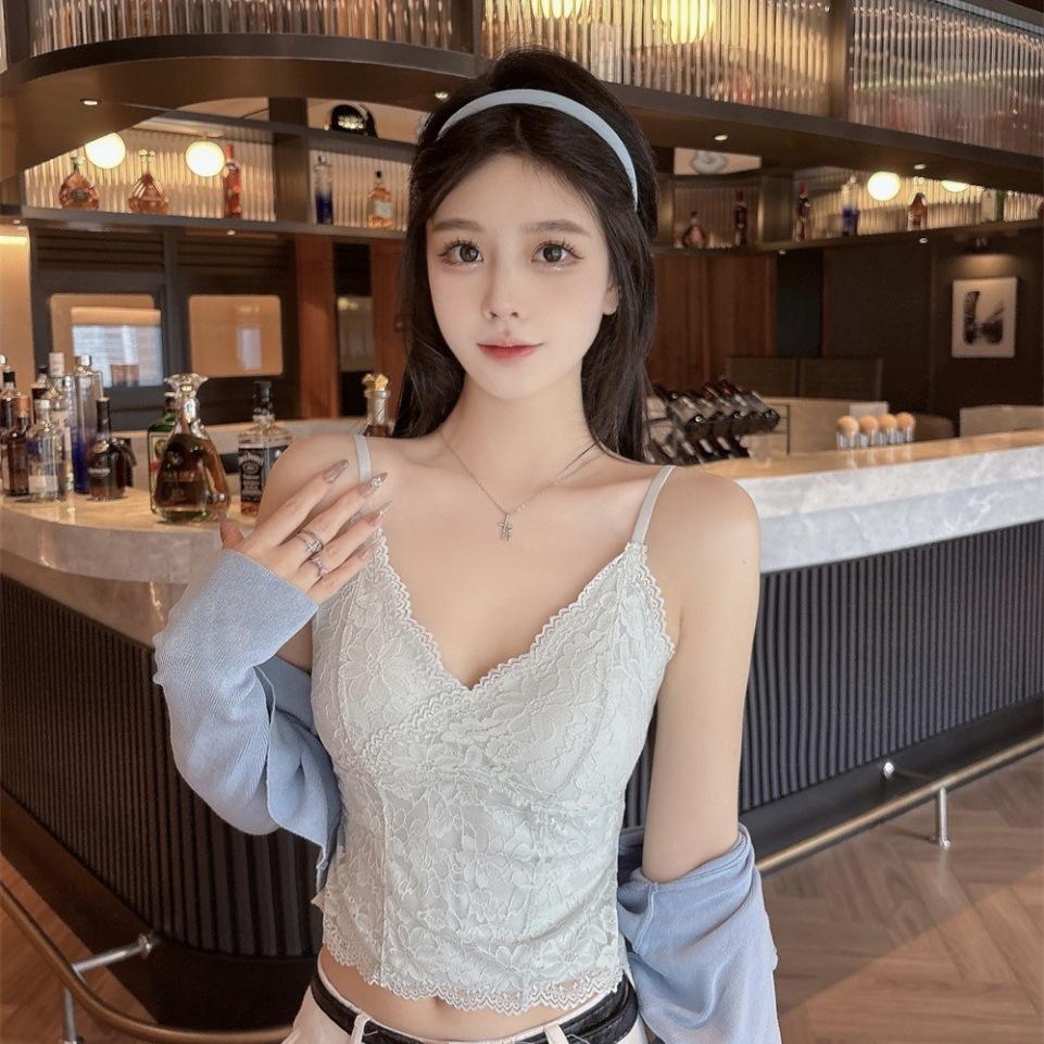 #Summer new casual style V-neck lace dispensing splicing ice silk vest female slim fixing belt chest pad
