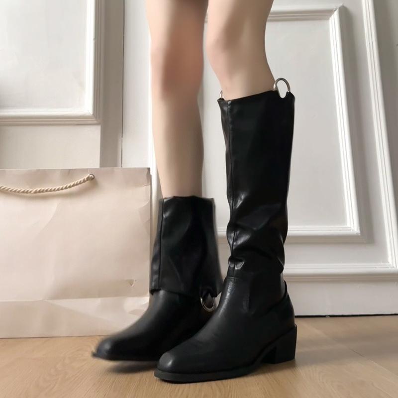 Fashion 2025 New Winter Vintage Women Knee High Boot Concise Slip on Thick Heel Shoes Square Toe Knight Long Booties