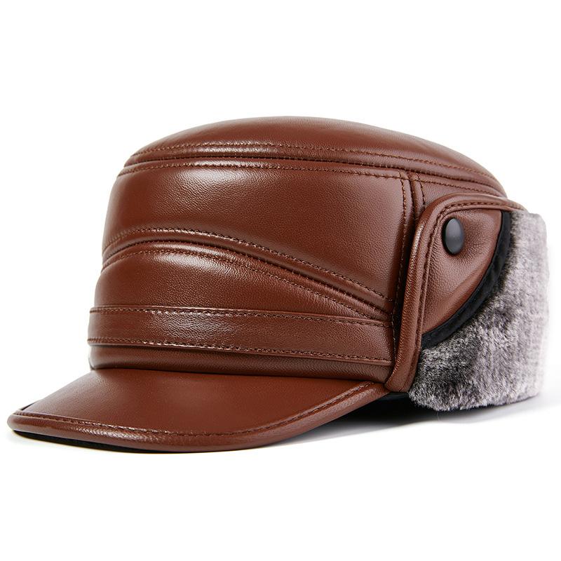Winter Echte Schaffell Leder Uschanka Mütze | Dick gefütterte Fleece-gefütterte Warme Klappen-Mütze für Ältere Herren Outdoor Trapper Mütze für Papa