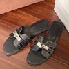 Silver Sandals with Gold Buckle for Women, Retro Peep-Toe Flat Slippers, Perfect for Summer Outing and Beach