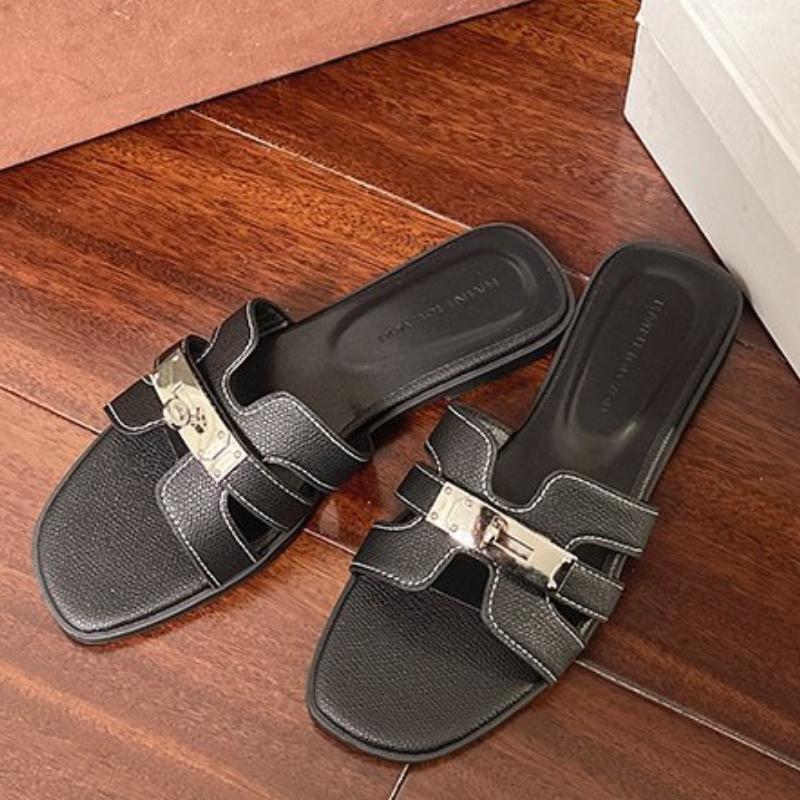 Silver Sandals with Gold Buckle for Women, Retro Peep-Toe Flat Slippers, Perfect for Summer Outing and Beach