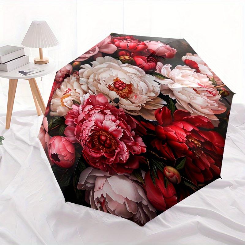Blumenarrangement Pfingstrosen Thema 8 Knochen Hand Automatisches Faltschirm, Kompaktes und Tragbares Design, Ein Perfektes Geschenk für Geburtstag, Weihnachten