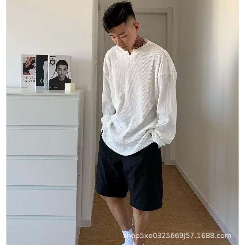 Men Loose V Neck Notch Collar Long Sleeve Vintage Casual Henley T Shirt