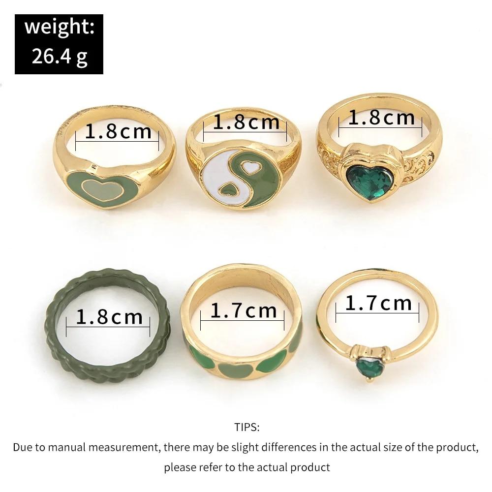 New Green Crystal Heart Kunckle Rings Set For Women Enamel Yin Yang Geometric Finger Ring Girls Fashion Jewelry