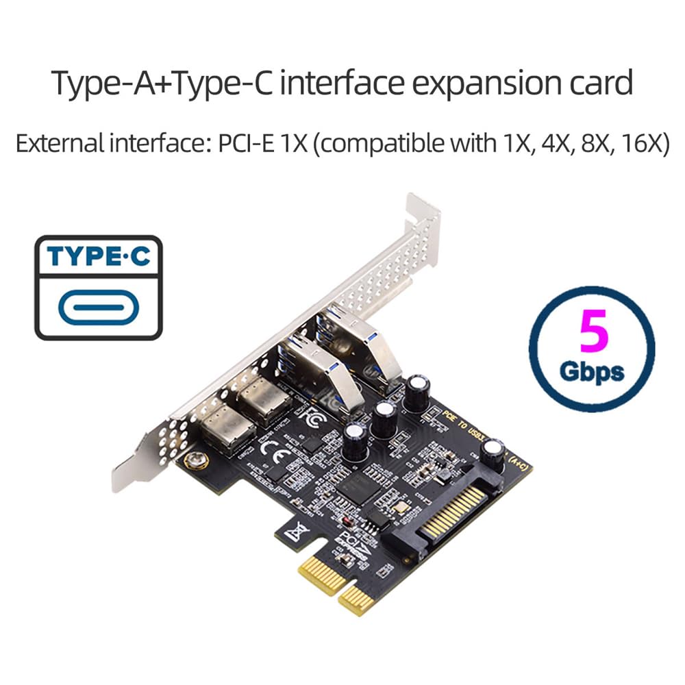 Xiwai USB PCI-E Express Card, 1 X USB 3.1 Gen1 5Gbps Dual Type-A & Type-C USB-C Female To PCI-E Adapter uPD720201 with Low Profile Bracket