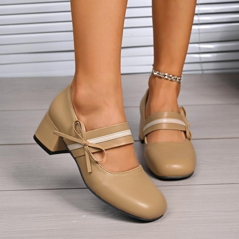 Fashion Vintage Square Toe Bowknot Decoration Pu Mary Jane Shoes Women 2025 Summer Medium Heel Dress Pumps Elegant Autumn Office Pumps