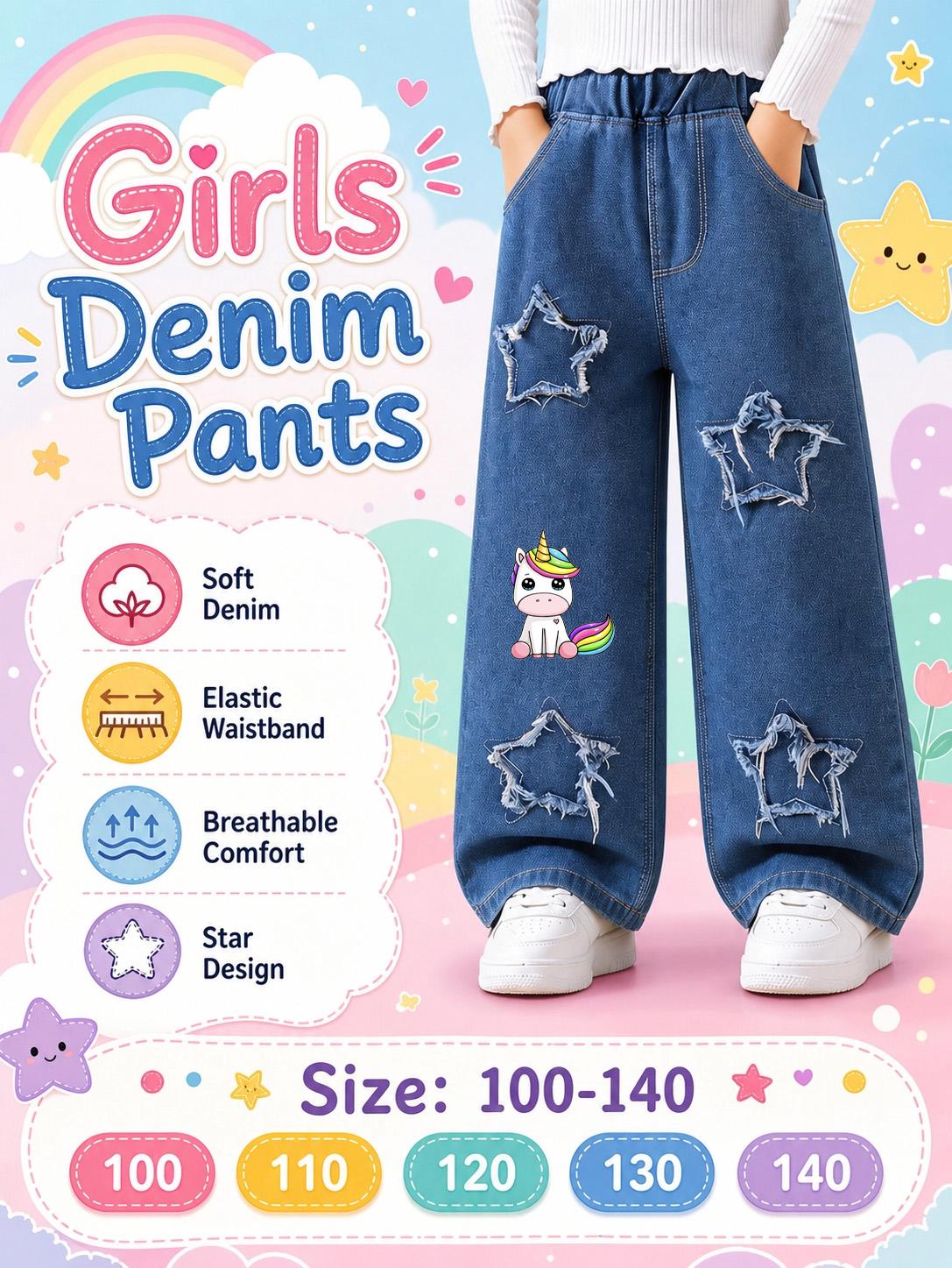 Girls Unicorn Print Star Jeans, Elastic Waist Daily Casual Wide Leg Denim Pants 100cm синий