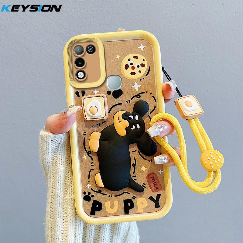 KEYSION Shockproof Case for Infinix Hot 11 Play with Lanyard Silicone Cute 3D Cartoon Doll Phone Cover for Infinix Hot 9 10 Play
