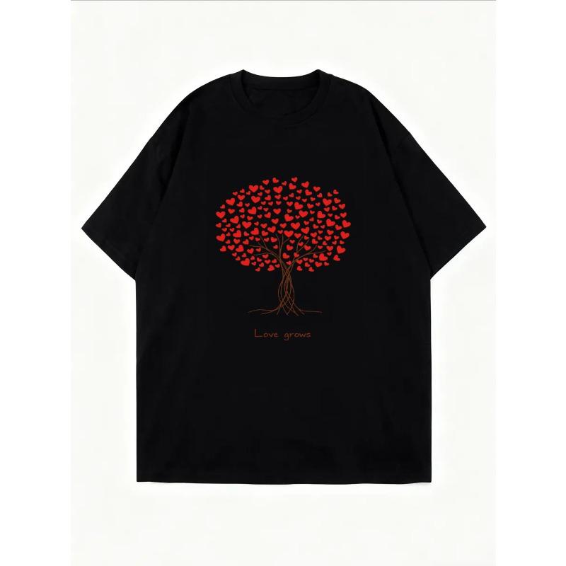 White T Shirt With Love Tree Heart Pattern And Love Grows Text For Casual Wear