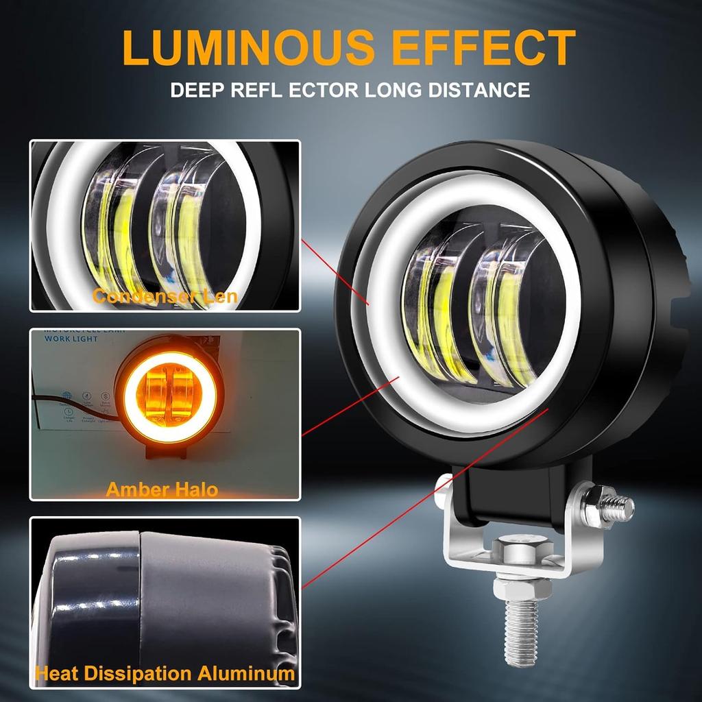 Biqing Motorcycle Fog Lights with Cut Lines, 12V/24V, LED, IP68 Waterproof, Auxiliary Light, 50,000 Hours Lifespan (White + Amber)