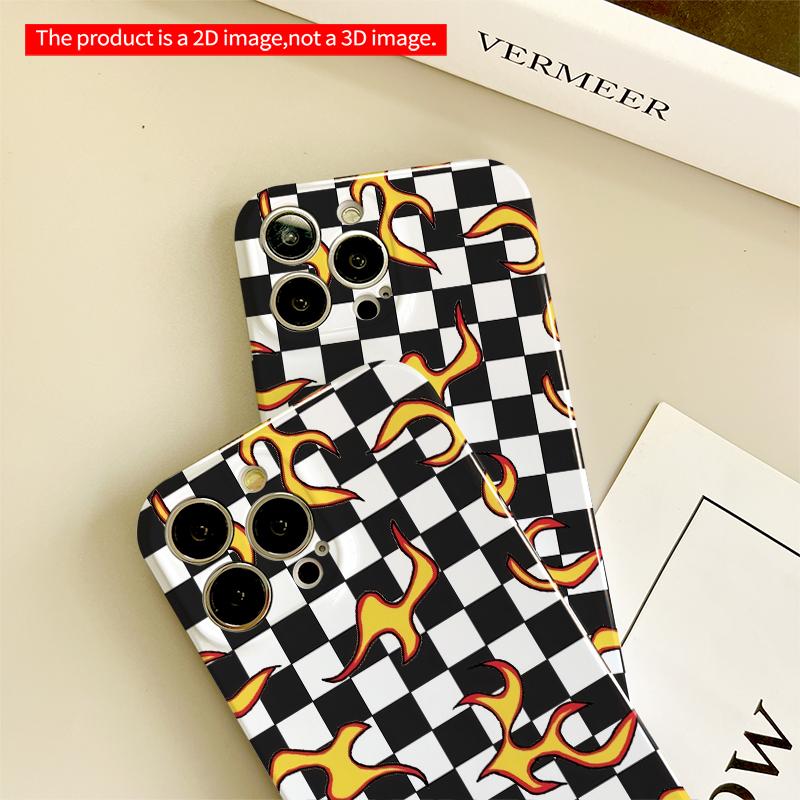 2DFlat Flames on Checkerboard All inclusive film hard iPhone case, compatible with iPhone 18 Pro Max 17 16 15 14 13 12 11