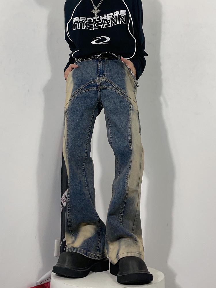 American high street vibe washed retro micro-flared jeans men's hiphop loose and thin trousers trendy pants trendy