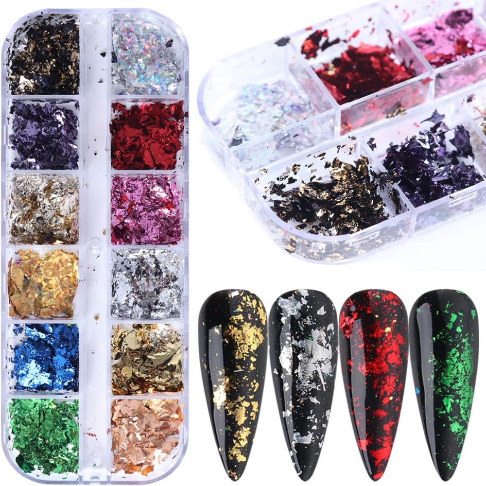 Aluminum Foil Nail Glitter Foils Holographic Sparkly Nail Sequins Ultra-Thin 3D Nail Charms Decorations for Women Girls