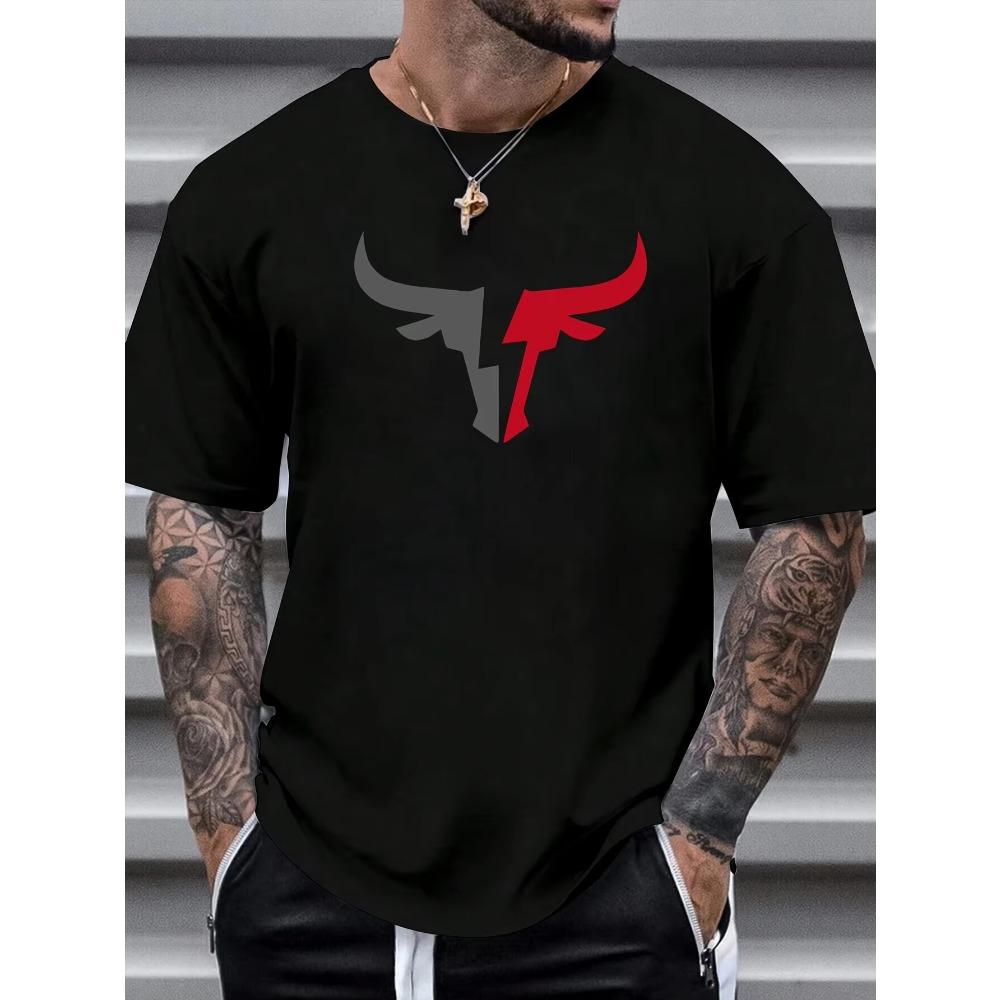 Summer men's 100% cotton comfortable casual loose fit plus size bull pattern print sports round neck short sleeved T-shirt top