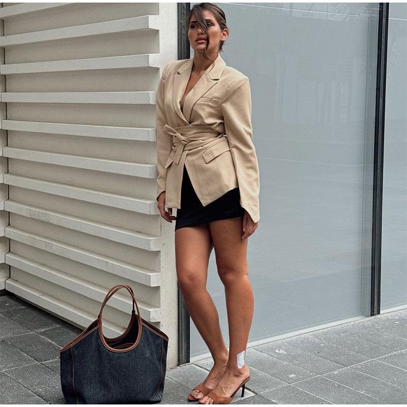 2025 Jaro Léto Nové Dámské Módní Bundy Jednobarevné Ležérní Klopa Dlouhý Rukáv Sako Ohrnovací Límec Šněrovací Dámské Kabáty