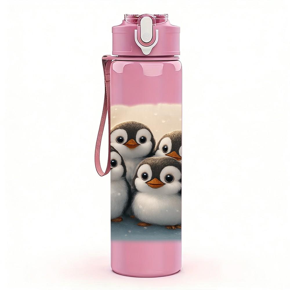 1PC Group Penguin Family Antarctic Print 750ml Color Plastic Sports Water Bottle Leakproof Flip Straw Lid Suitable for Sports Office Home Use