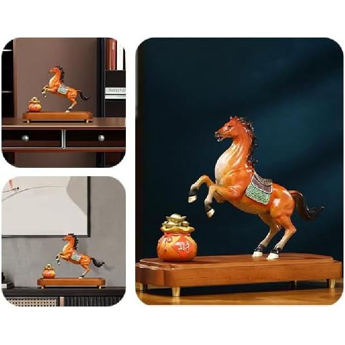 Aris & Juno Exquisite Copper Horse with Fortune Bag Statue - New Chinese Style Feng Shui Decor for Wealth & Success