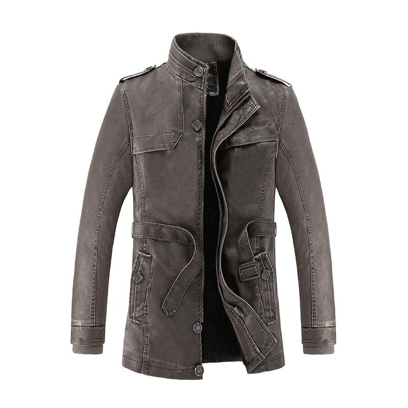 Chaquetas de Motocicleta Otoño Invierno Abrigo Chaqueta de Cuero para Hombre Caliente Casual Terciopelo Cuello Alto Cintas