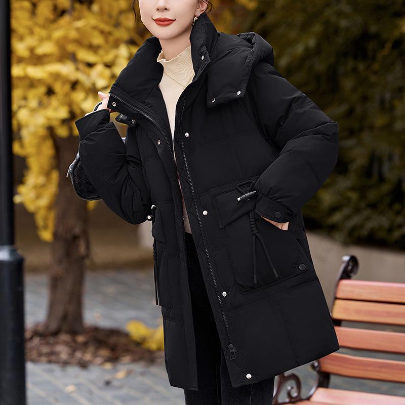 Women's Mid-Length Red Down Jacket, Winter 2024 Style, Loose Fit, Casual Thick Ankara Coat