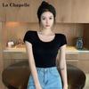 La Chapelle Women's American Style Double U-Neck Slim-Fit Short Sleeve T-Shirt