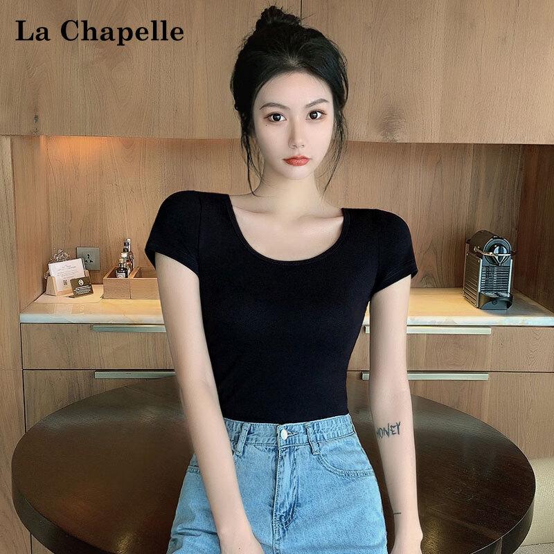 La Chapelle Women's American Style Double U-Neck Slim-Fit Short Sleeve T-Shirt