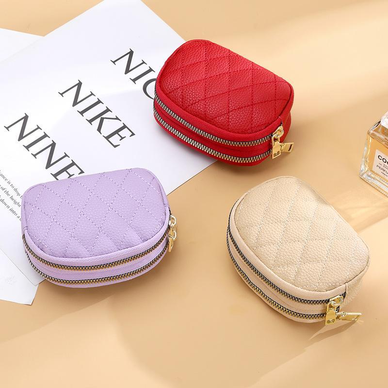Portable Double Layer Coin Purse Water Resistant PU Leather Zipper Mini Card Holder for Women Daily Use