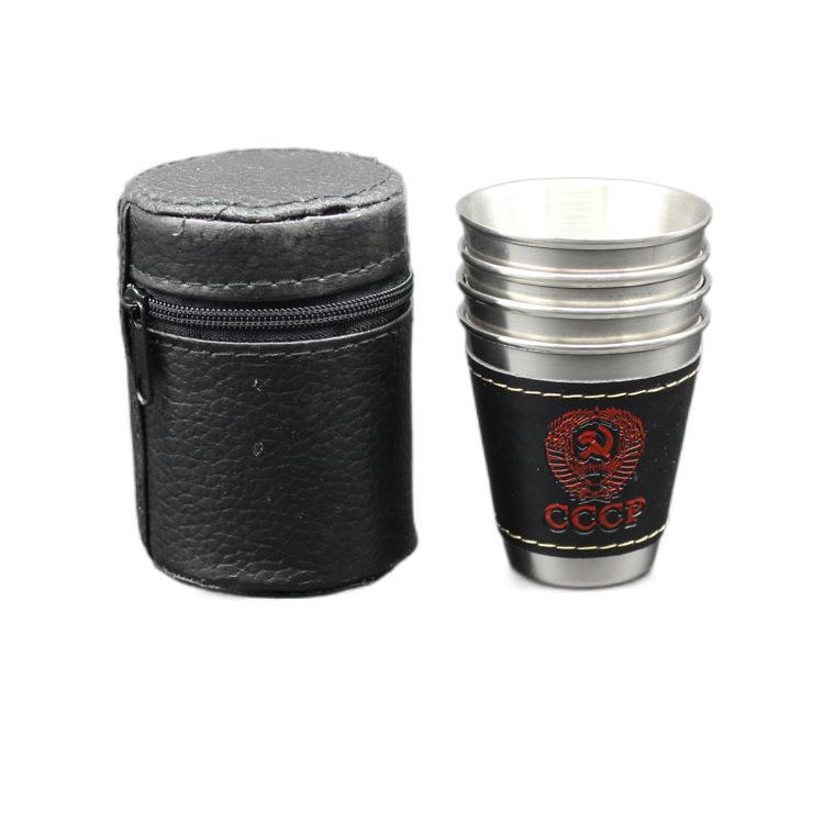 

Бокал для вина в кожаной оплетке 70 мл с 4 чашками из нержавеющей стали - Портативный набор для кемпинга