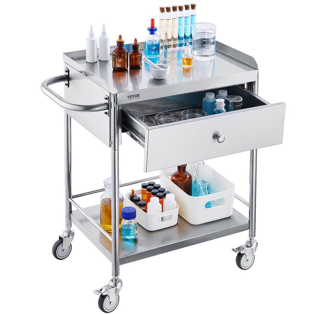 Medical Cart, 2 Layers Stainless Steel Cart 220 lbs Weight Capacity, Lab Utility Cart with 360° Silent Wheels and a Drawer for Lab, Clinic, Kitchen,