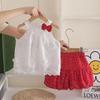 Summer Girls' 2-Piece Outfit 0-5 Years Old Toddler Lace Sleeveless Bow Top Polka Dot Bubble Shorts Kids Summer Casual Wear