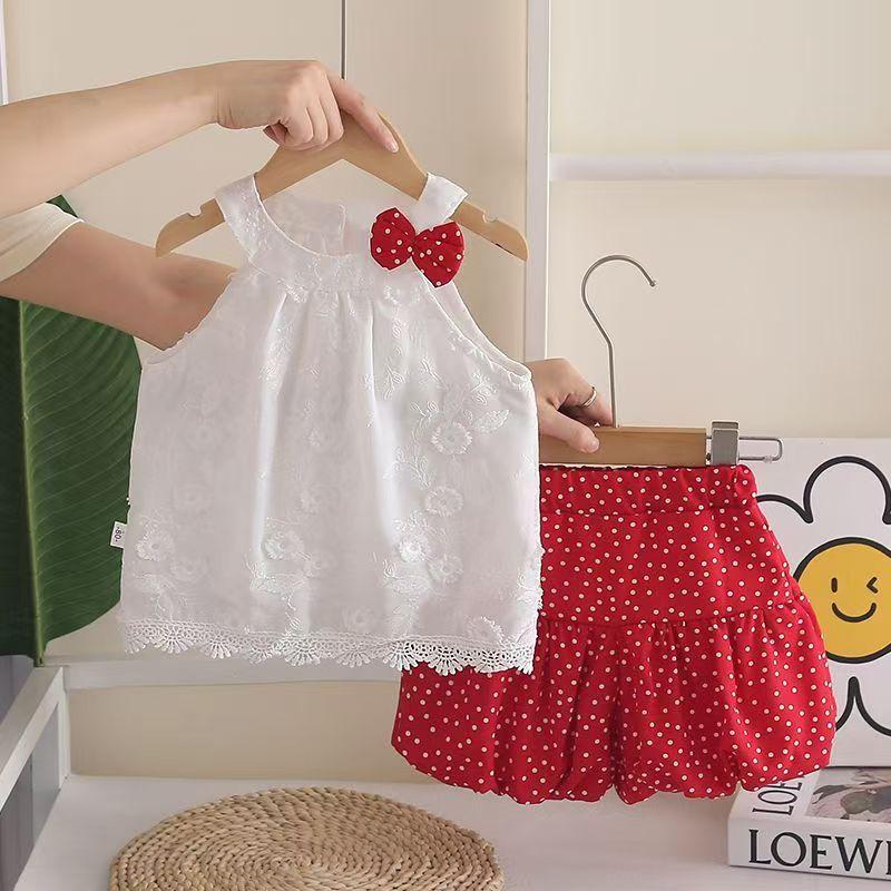 Summer Girls' 2-Piece Outfit 0-5 Years Old Toddler Lace Sleeveless Bow Top Polka Dot Bubble Shorts Kids Summer Casual Wear