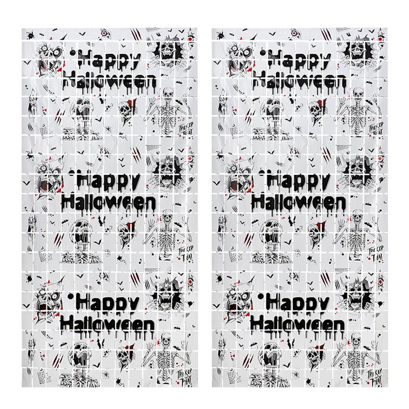 2M Halloween Party Backdrop Scary Skull Skeleton Foil Curtains for Halloween Indoor Outdoor Home Decoration Photo Booth Props