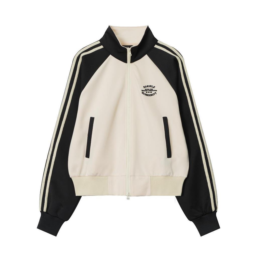 American Retro Preppy Striped Colorblock Cardigan - Women's Short Zip-Up Stand Collar Jacket