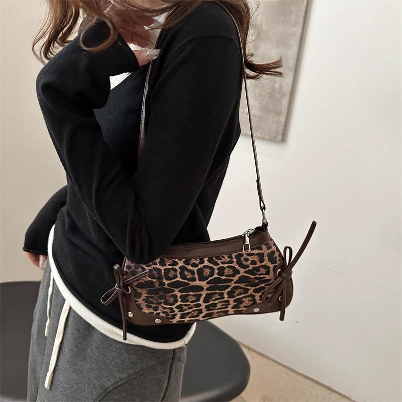 Women's Splicing Leopard Pattern Retro Bow Crossbody Bag New Trendy Fashion PU Leather Single Shoulder Underarm Small Square Bag
