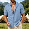 Men's Linen Button Down Shirt Short Sleeve Dual Chest Pocket Relaxed Fit Collared Utility Beach Overshirt Casual Top