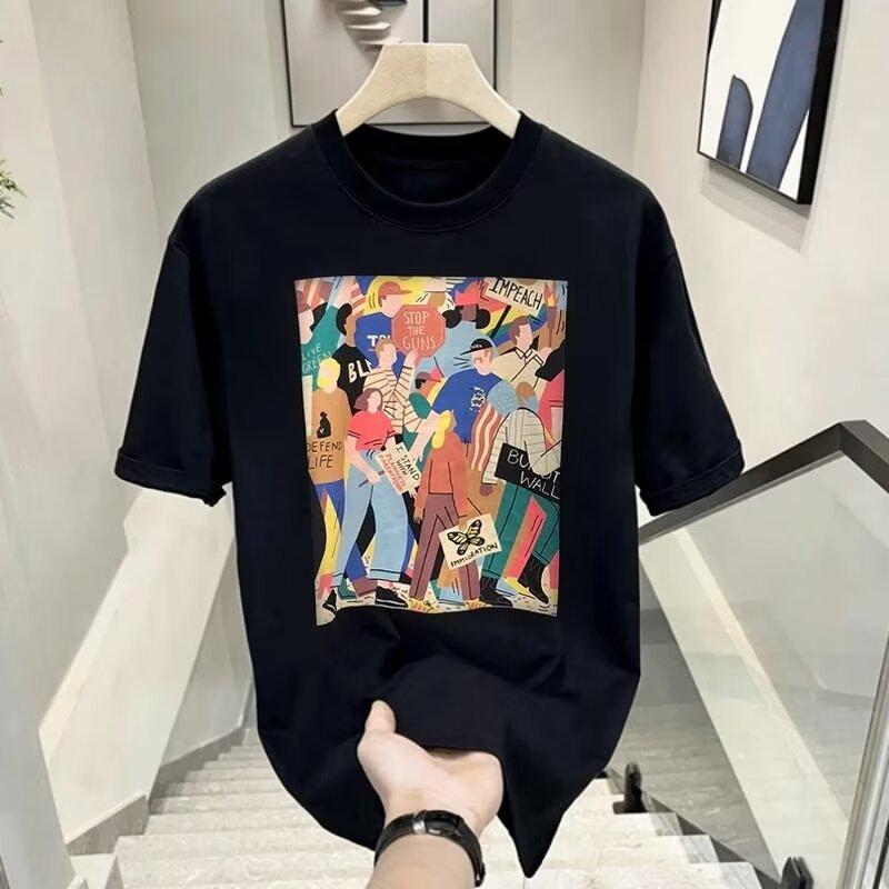 

Мужская футболка с коротким рукавом и круглым вырезом, свободная одежда с принтом персонажей мультфильмов, летняя мужская модная одежда большого размера, нижняя рубашка Top2024 4XL чёрный