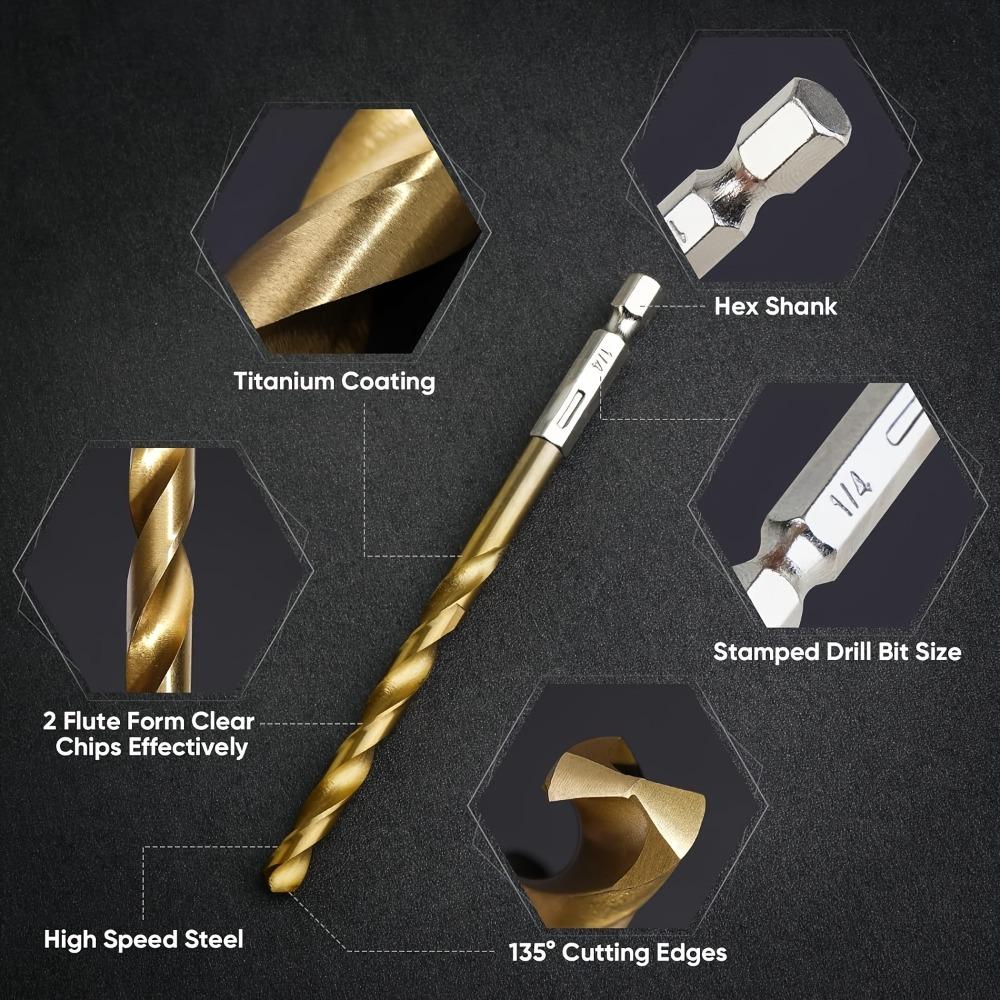 50pcs Titanium Coated High Speed Steel Drill Bits Hexagonal Shaft Straight Spiral Circular Twist Bits for Metal Wood Plastic