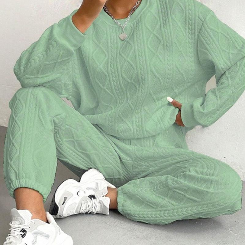 2025 Autumn/Winter Women's Cable Knit Patchwork Two-Piece Set – Long Sleeve Round Neck Top & Joggers