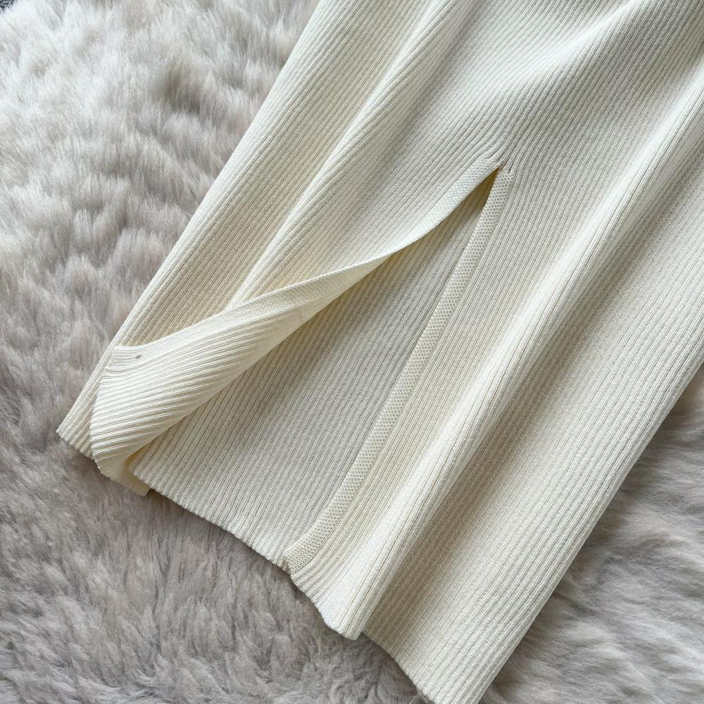 Solid O-neck Knitted Sweater Dress for Women Summer Autumn Short-Sleeve Single-Breasted Tie-Waist Slimming Elegant Bodycon Dress