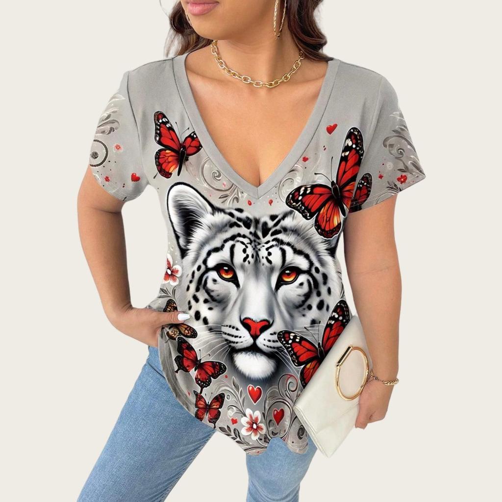 2025 Plus Size Women's V-Neck T-shirt with 3D Animal Print, Short Sleeves: European & American Style Casual Fashion