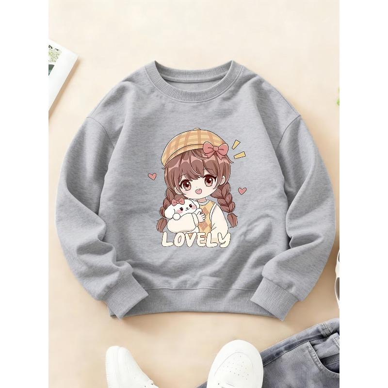 Kids Crewneck Long Sleeve Sweatshirt, Lovely Healing Print of Girl Hugging Rabbit