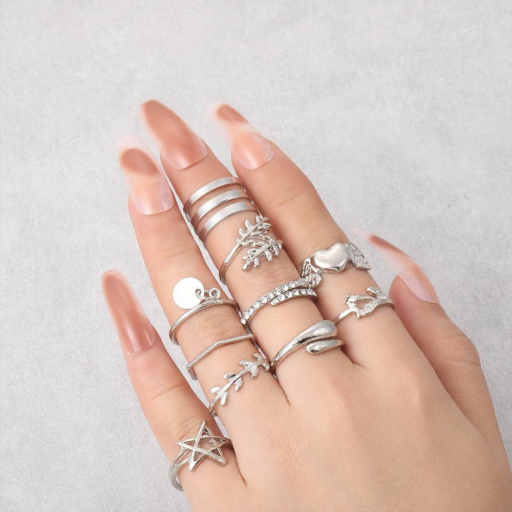 Combination Ring, Fashionable Love Leaf Five-Pointed Star Point Diamond Opening 10-Piece Set Ring Jewelry
