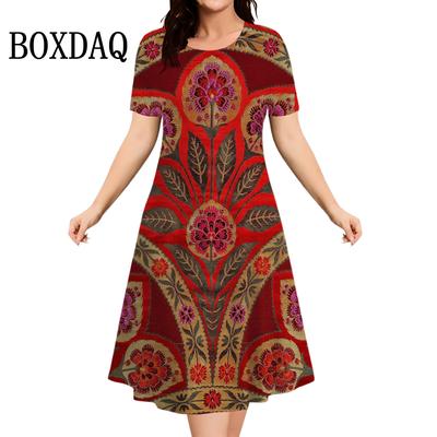 Vintage Blommigt Tryck Damklänning Sommar O-ringning Kortärmad Lös Miniklänning Casual Dam Retro Plus Size Klänning Femme Vestidos