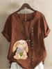 Women's Fashion Rabbit Print Casual Cotton Linen Short Sleeve Round Neck T-shirt Shirt Leisure Loose Summer Blouse Tops